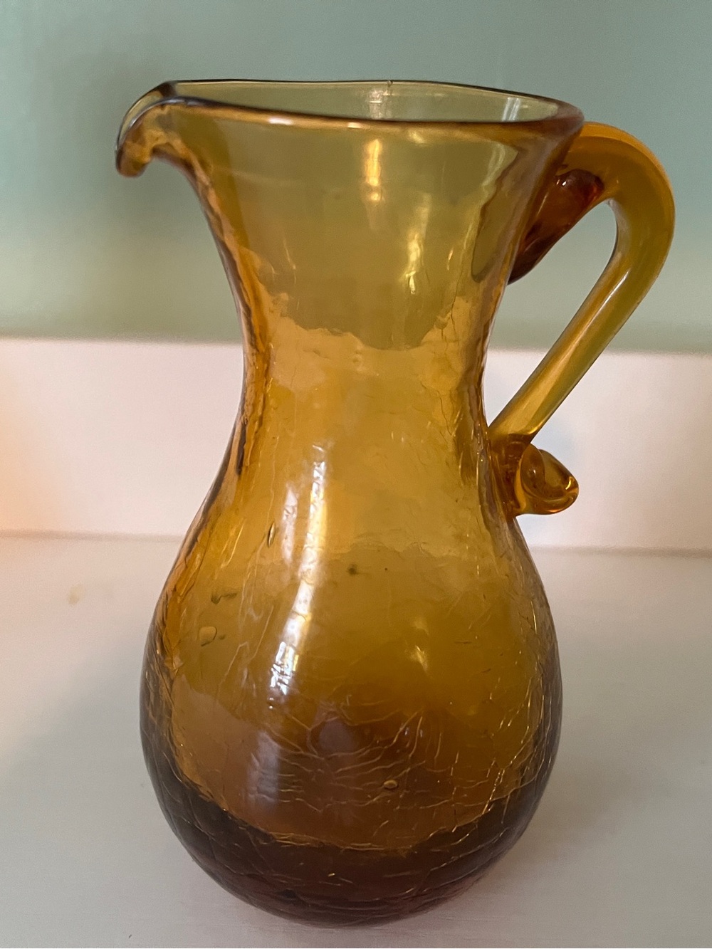 Crackle Amber Glass Pitcher Vase - Decorative Home Art